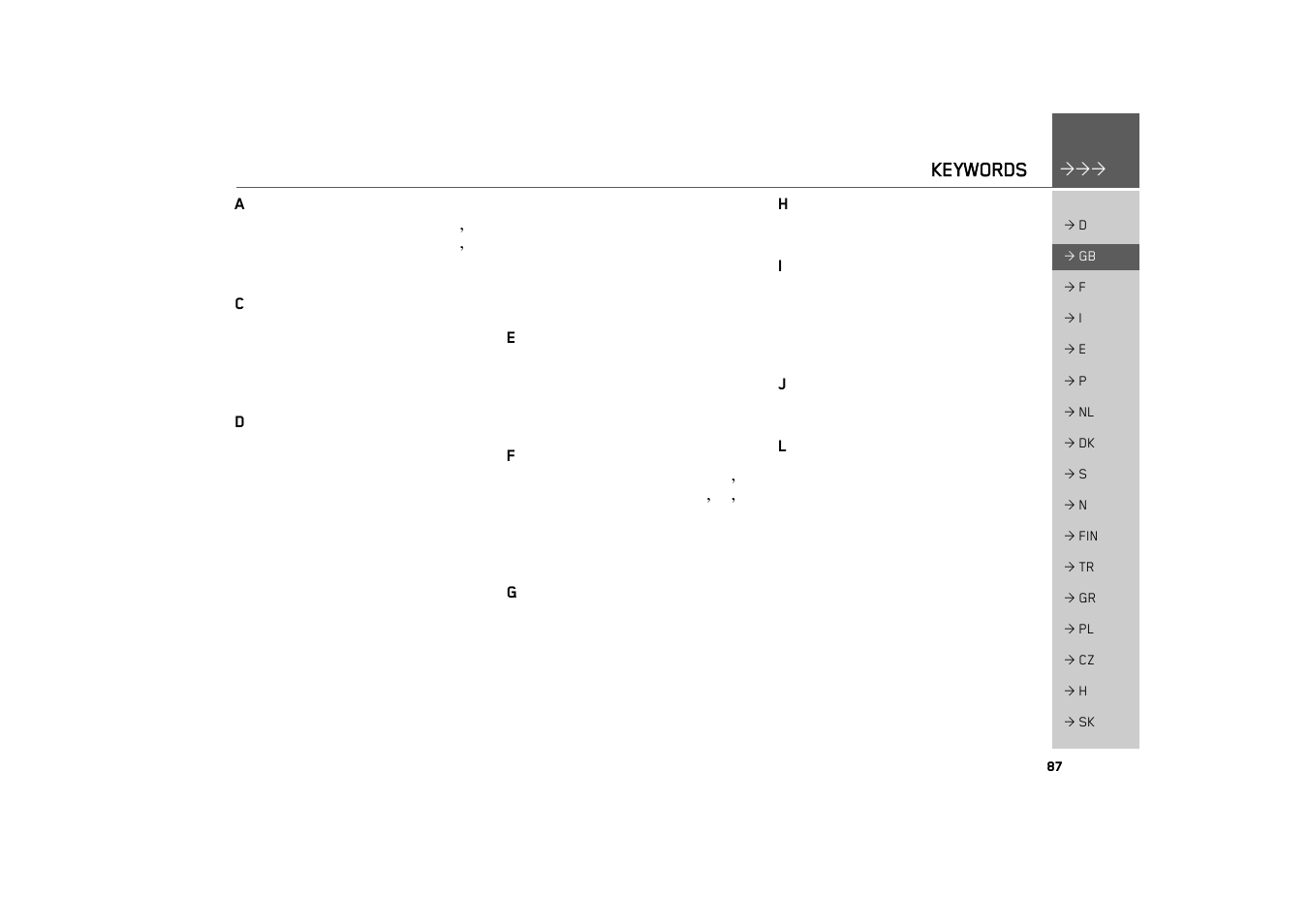 Keywords | Becker TRAFFIC ASSIST 7926 User Manual | Page 87 / 92