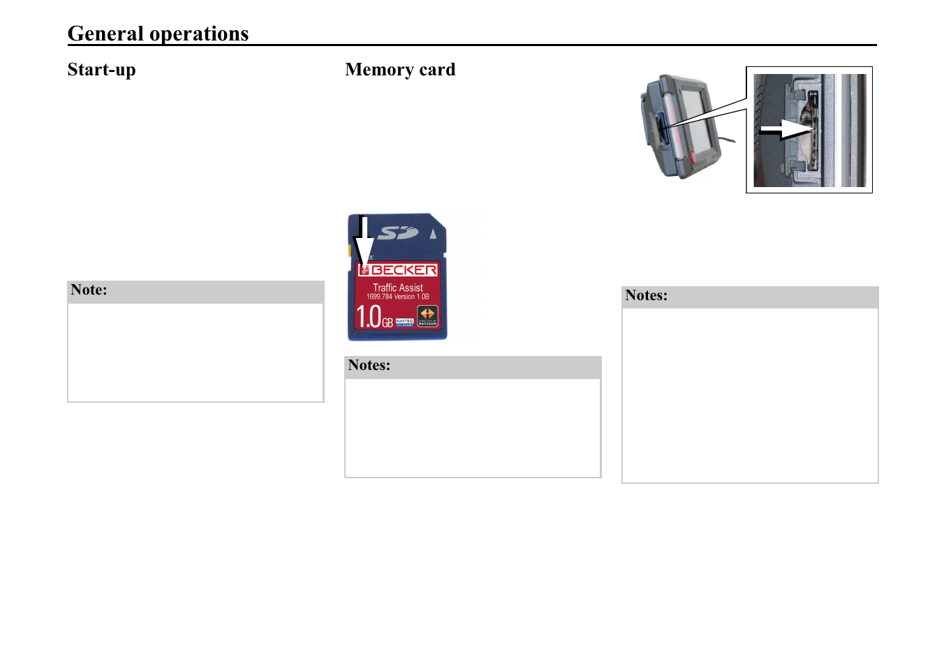 General operations, Start-up, Memory card | Hqhudo rshudwlrqv | Becker TRAFFIC ASSIST 7914 User Manual | Page 16 / 74