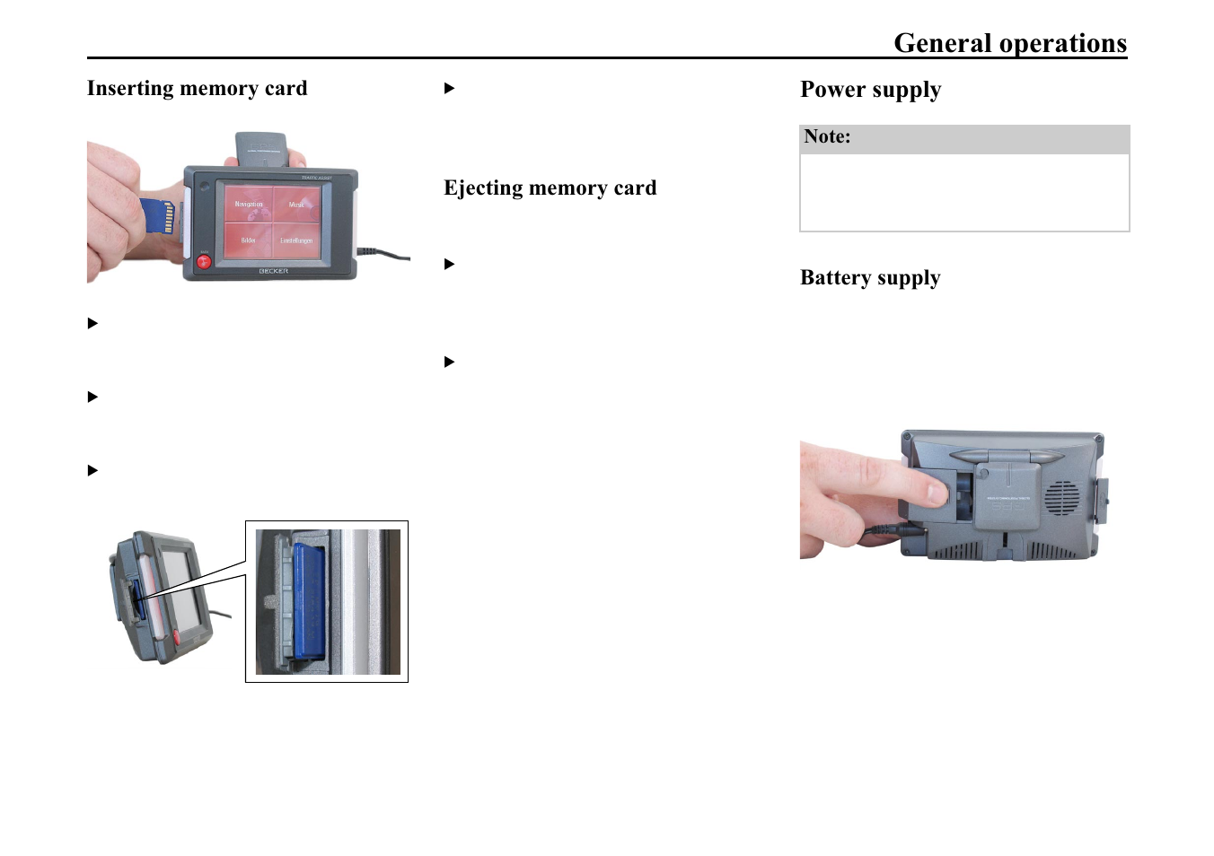 Inserting memory card, Ejecting memory card, Power supply | Battery supply, Hqhudo rshudwlrqv | Becker TRAFFIC ASSIST 7914 User Manual | Page 17 / 74