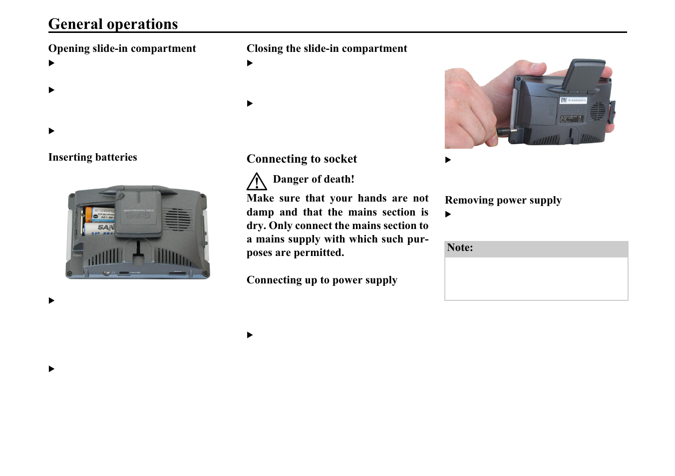 Opening slide-in compartment, Inserting batteries, Closing the slide-in compartment | Connecting to socket, Connecting up to power supply, Removing power supply, 2shqlqj volghlq frpsduwphqw, Qvhuwlqj edwwhulhv, Orvlqj wkh volghlq frpsduwphqw, Rqqhfwlqj xs wr srzhu vxsso | Becker TRAFFIC ASSIST 7914 User Manual | Page 18 / 74