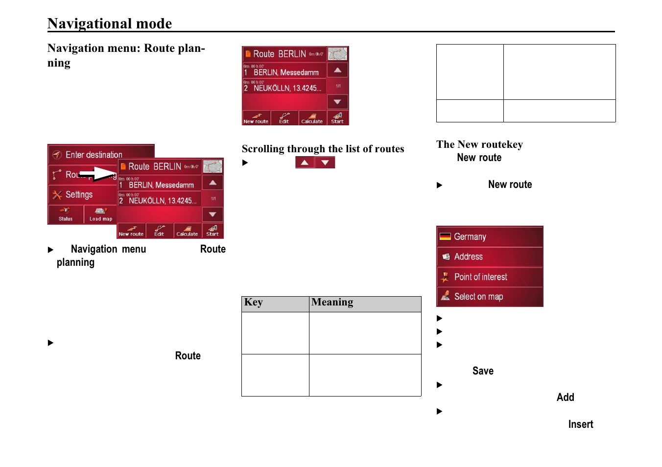 Navigation menu: route planning, Scrolling through the list of routes, The new routekey | 6furoolqj wkurxjk wkh olvw ri urxwhv, 7kh 1hz urxwhnh, 1dyljdwlrqdo prgh | Becker TRAFFIC ASSIST 7914 User Manual | Page 42 / 74