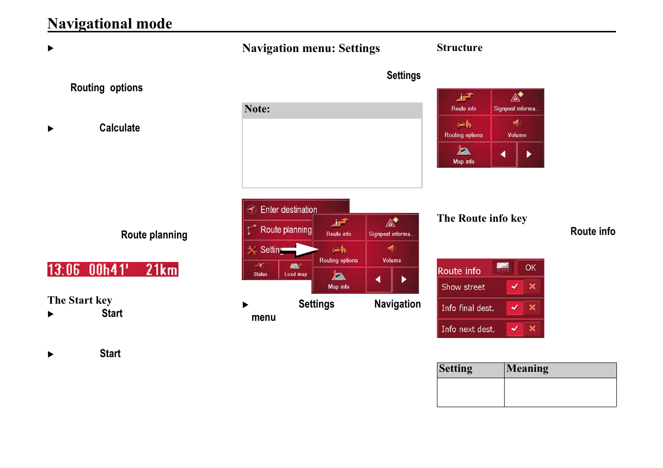 The start key, Navigation menu: settings, The route info key | 7kh 6wduw nh, 7kh 5rxwh lqir nh, 1dyljdwlrqdo prgh | Becker TRAFFIC ASSIST 7914 User Manual | Page 44 / 74