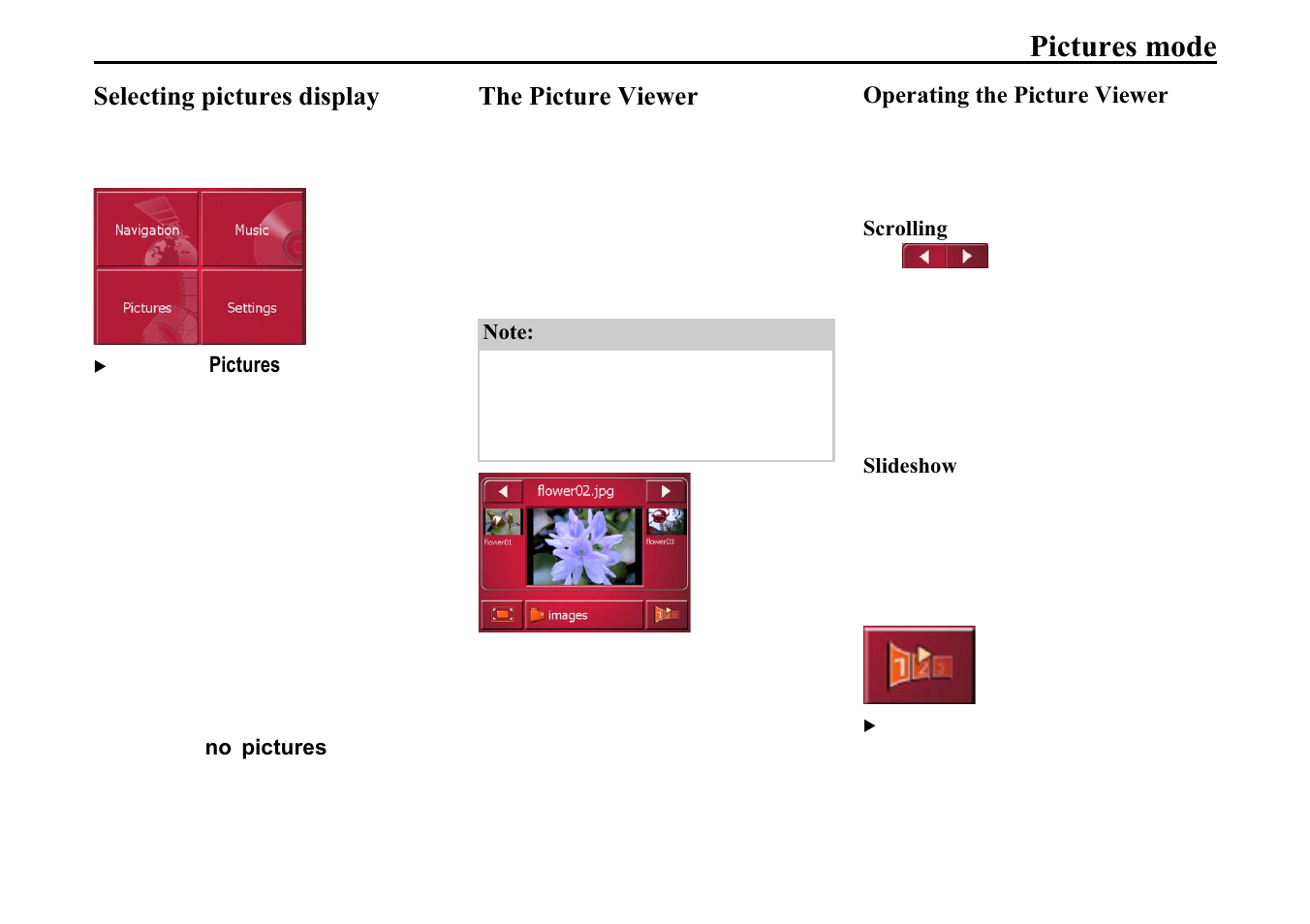 Pictures mode, Selecting pictures display, The picture viewer | Operating the picture viewer, Scrolling, Slideshow, 3lfwxuhv prgh, 6furoolqj, 6olghvkrz | Becker TRAFFIC ASSIST 7914 User Manual | Page 61 / 74