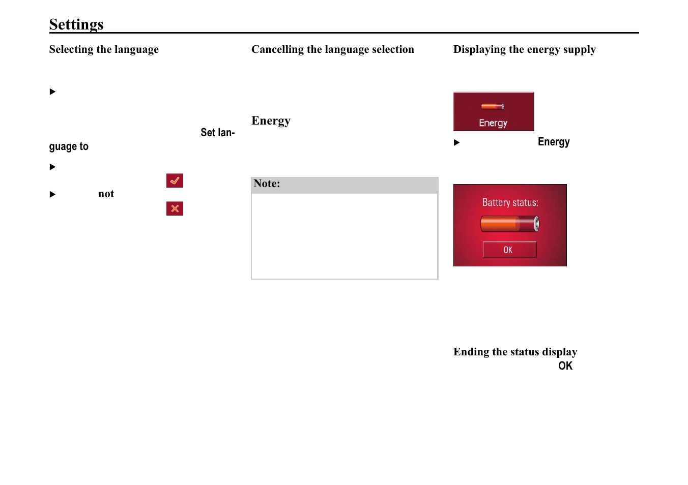 Selecting the language, Cancelling the language selection, Energy | Displaying the energy supply, Ending the status display, 6hohfwlqj wkh odqjxdjh, Dqfhoolqj wkh odqjxdjh vhohfwlrq, Lvsod\lqj wkh hqhuj\ vxsso, Qglqj wkh vwdwxv glvsod, 6hwwlqjv | Becker TRAFFIC ASSIST 7914 User Manual | Page 66 / 74