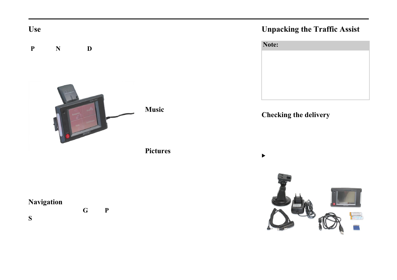 The traffic assist, Navigation, Music | Pictures, Unpacking the traffic assist, Checking the delivery, 7kh 7udiilf $vvlvw | Becker TRAFFIC ASSIST 7914 User Manual | Page 7 / 74