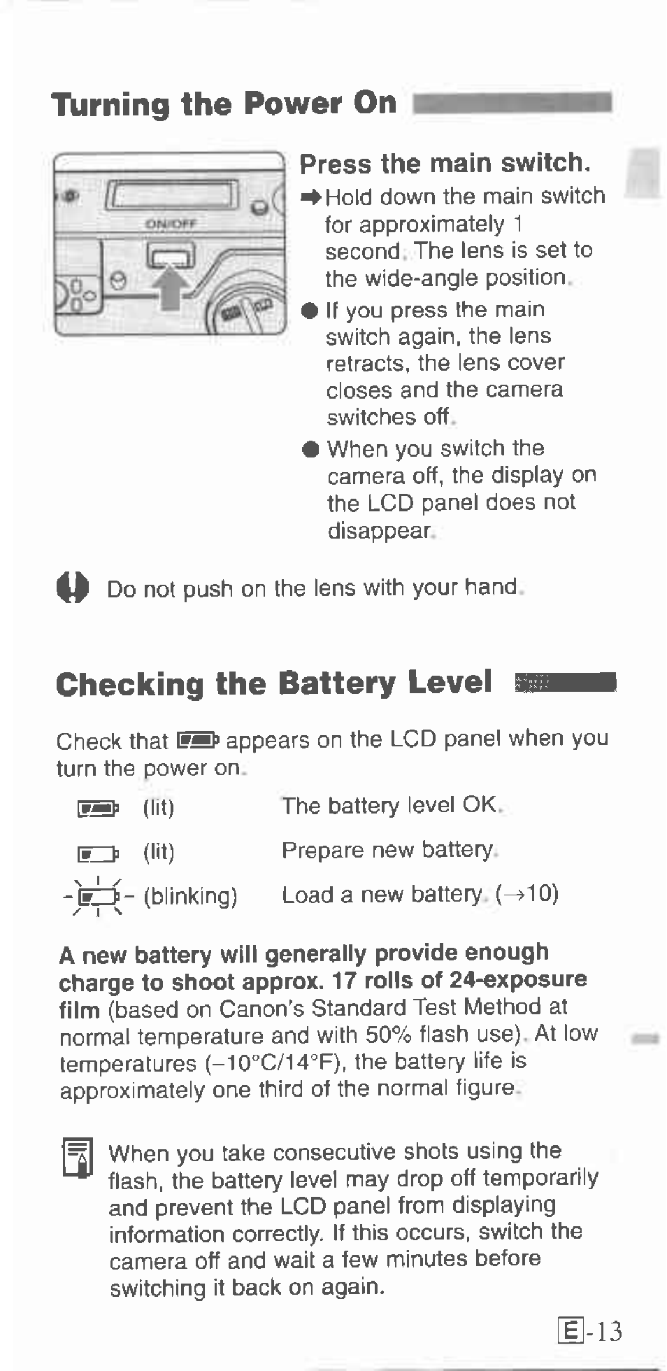 Checking the battery level, Ìiirning the power on, E-13 | Canon 130U User Manual | Page 13 / 39