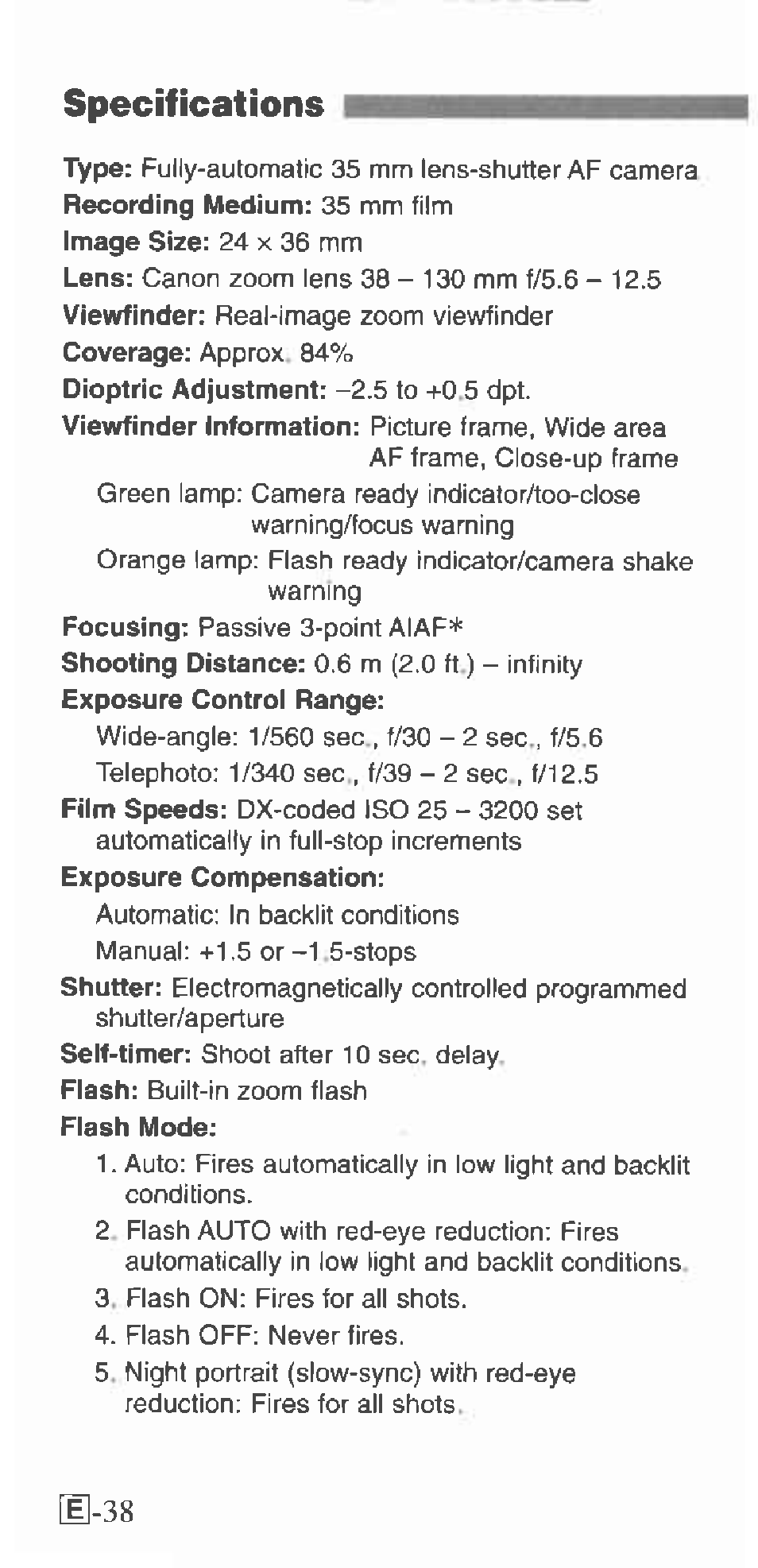 Specifications, E-38 | Canon 130U User Manual | Page 38 / 39