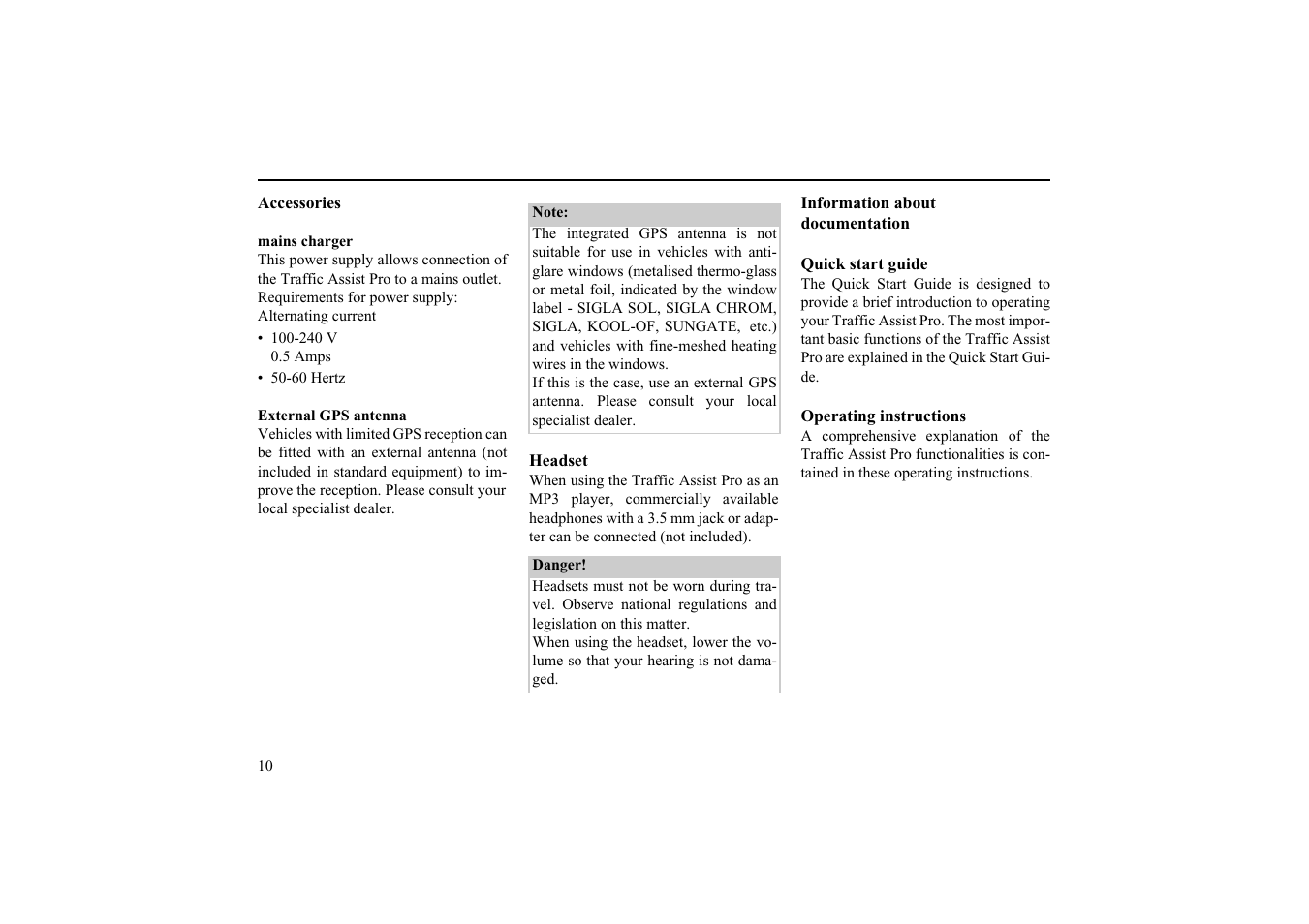Accessories, Mains charger, External gps antenna | Headset, Information about documentation, Quick start guide, Operating instructions | Becker EDITION TRAFFIC ASSIST PRO 7929 TMC User Manual | Page 10 / 84