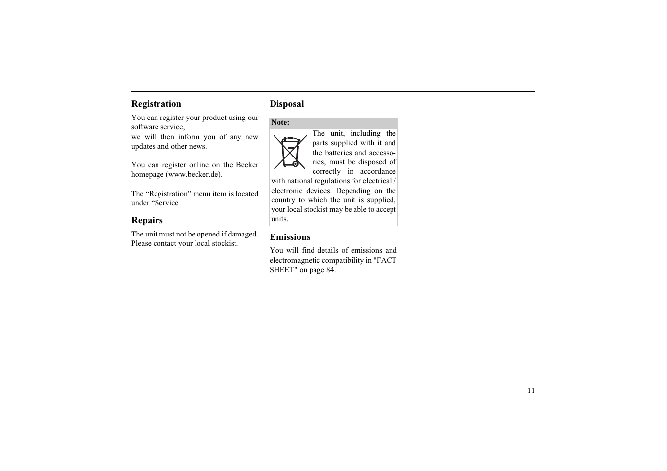 Registration, Repairs, Disposal | Emissions | Becker EDITION TRAFFIC ASSIST PRO 7929 TMC User Manual | Page 11 / 84