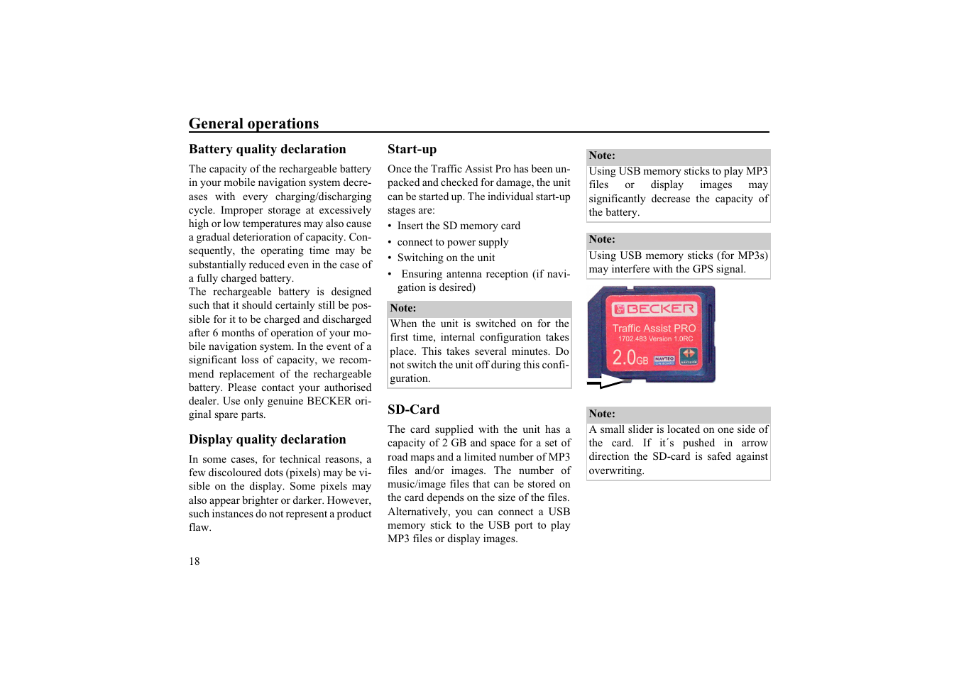 Battery quality declaration, Display quality declaration, Start-up | Sd-card | Becker EDITION TRAFFIC ASSIST PRO 7929 TMC User Manual | Page 18 / 84