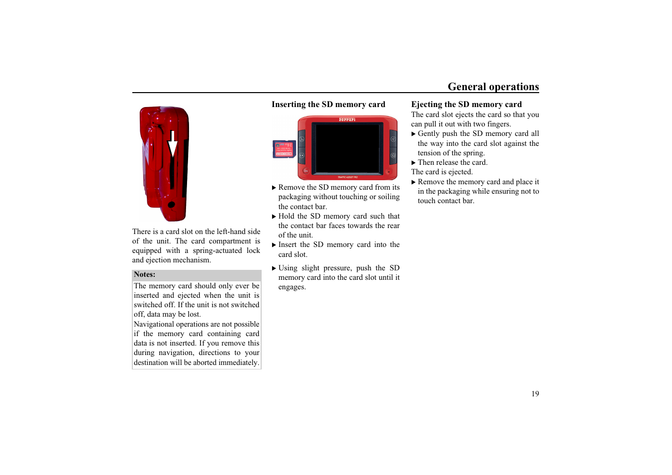 Inserting the sd memory card, Ejecting the sd memory card, General operations | Becker EDITION TRAFFIC ASSIST PRO 7929 TMC User Manual | Page 19 / 84