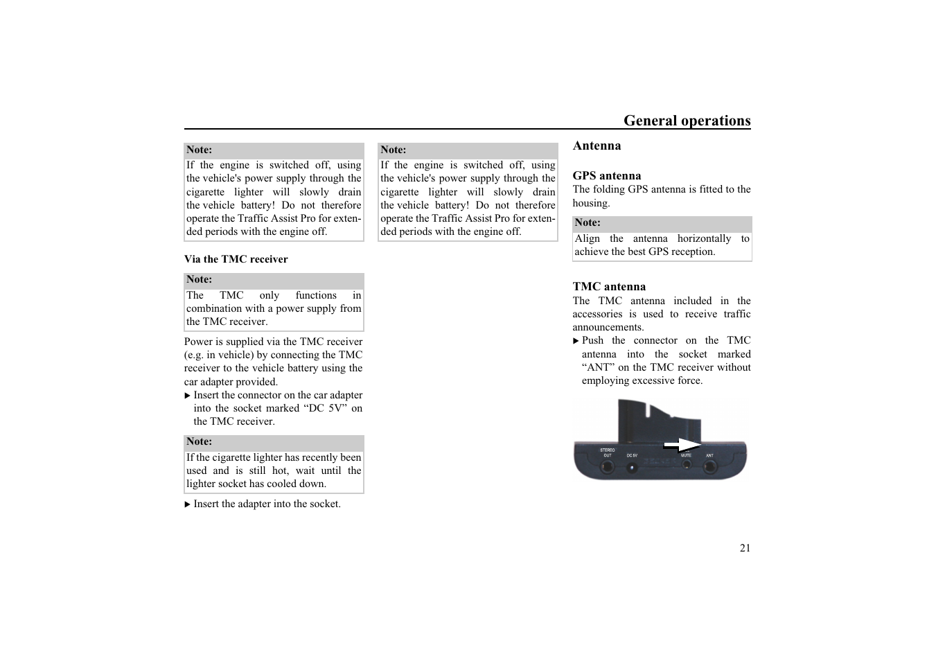 Via the tmc receiver, Antenna, Gps antenna | Tmc antenna, General operations | Becker EDITION TRAFFIC ASSIST PRO 7929 TMC User Manual | Page 21 / 84