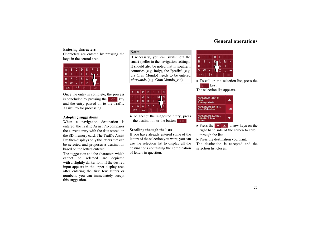 Entering characters, Adopting suggestions, Scrolling through the lists | General operations | Becker EDITION TRAFFIC ASSIST PRO 7929 TMC User Manual | Page 27 / 84