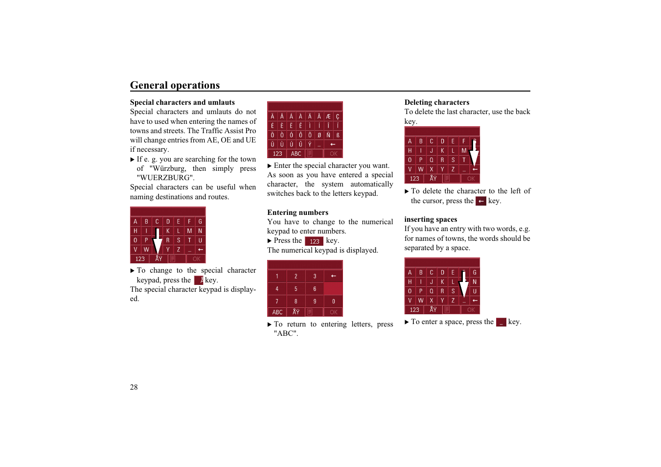 Special characters and umlauts, Entering numbers, Deleting characters | Inserting spaces, General operations | Becker EDITION TRAFFIC ASSIST PRO 7929 TMC User Manual | Page 28 / 84