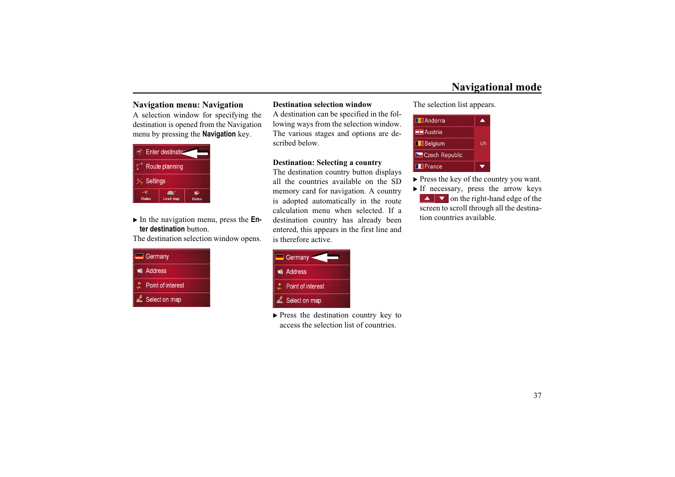 Navigation menu: navigation, Destination selection window, Destination: selecting a country | See "navigation menu: navigation, Navigational mode | Becker EDITION TRAFFIC ASSIST PRO 7929 TMC User Manual | Page 37 / 84