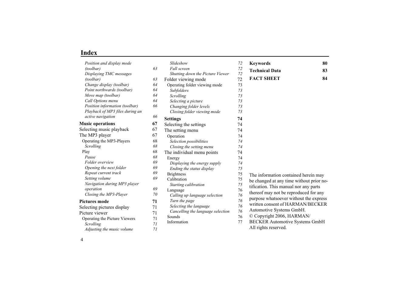 Index | Becker EDITION TRAFFIC ASSIST PRO 7929 TMC User Manual | Page 4 / 84