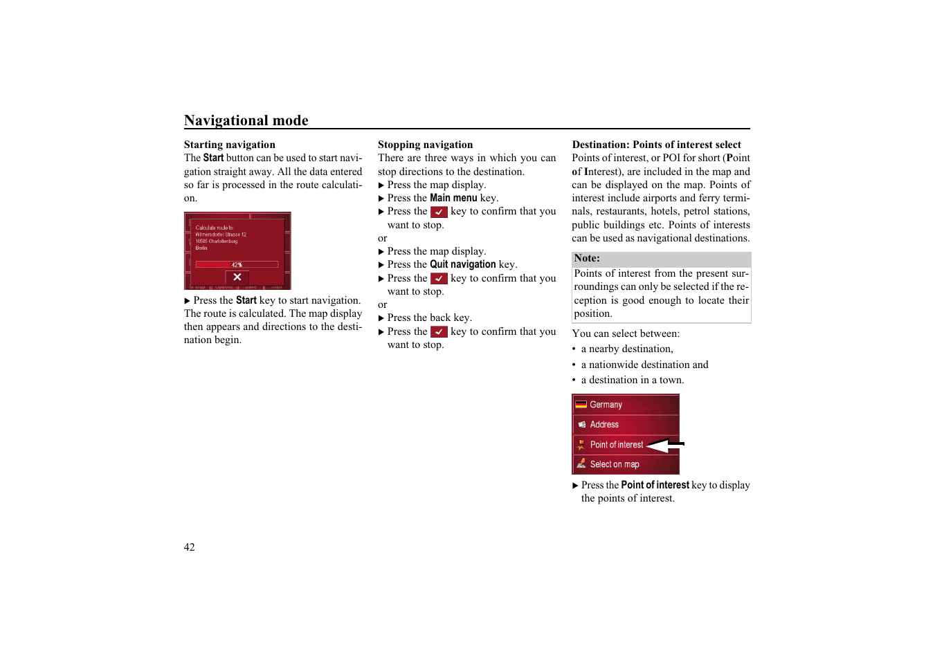 Stopping navigation, Destination: points of interest select, Navigational mode | Becker EDITION TRAFFIC ASSIST PRO 7929 TMC User Manual | Page 42 / 84