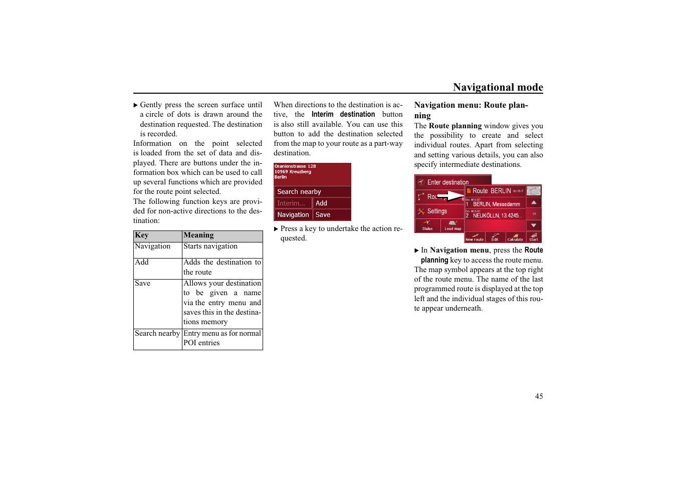 Navigation menu: route planning, See "navigation menu: route plan, Navigational mode | Becker EDITION TRAFFIC ASSIST PRO 7929 TMC User Manual | Page 45 / 84