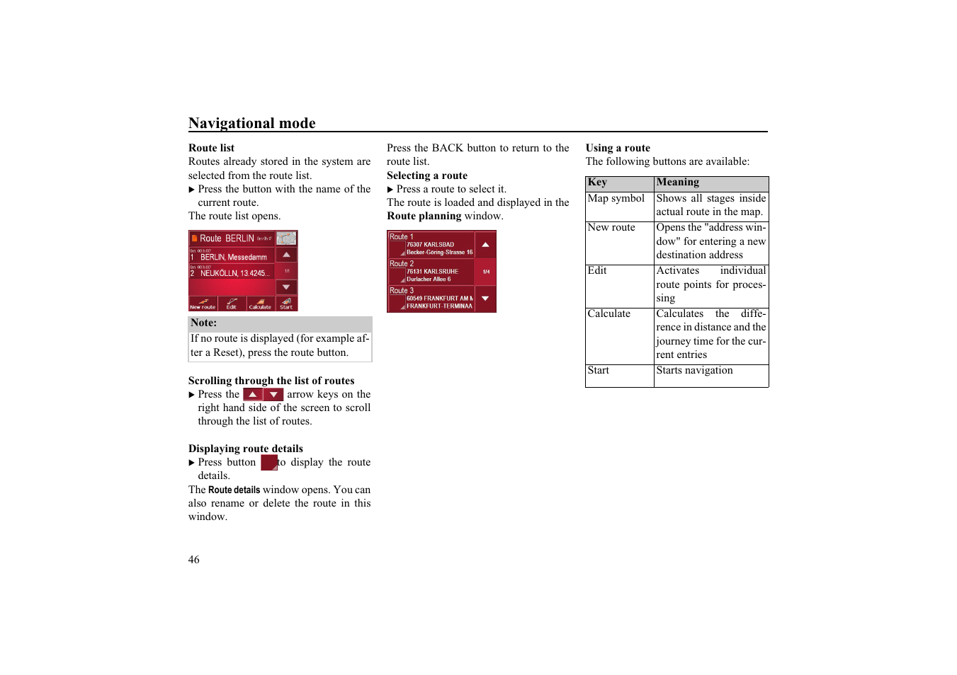 Route list, Scrolling through the list of routes, Using a route | Navigational mode | Becker EDITION TRAFFIC ASSIST PRO 7929 TMC User Manual | Page 46 / 84