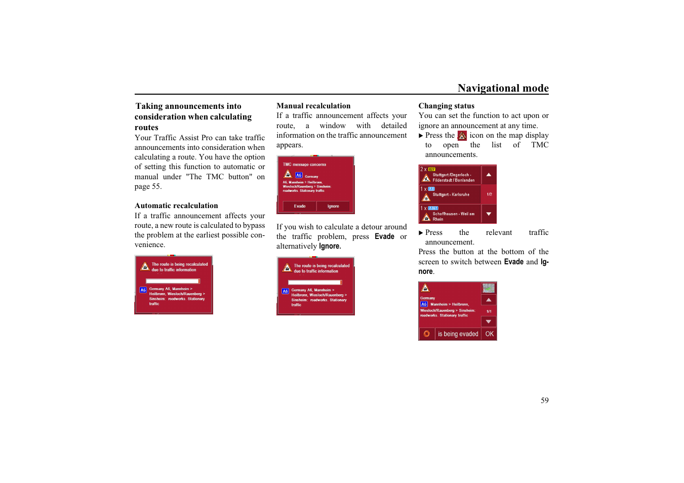 Automatic recalculation, Manual recalculation, Navigational mode | Becker EDITION TRAFFIC ASSIST PRO 7929 TMC User Manual | Page 59 / 84