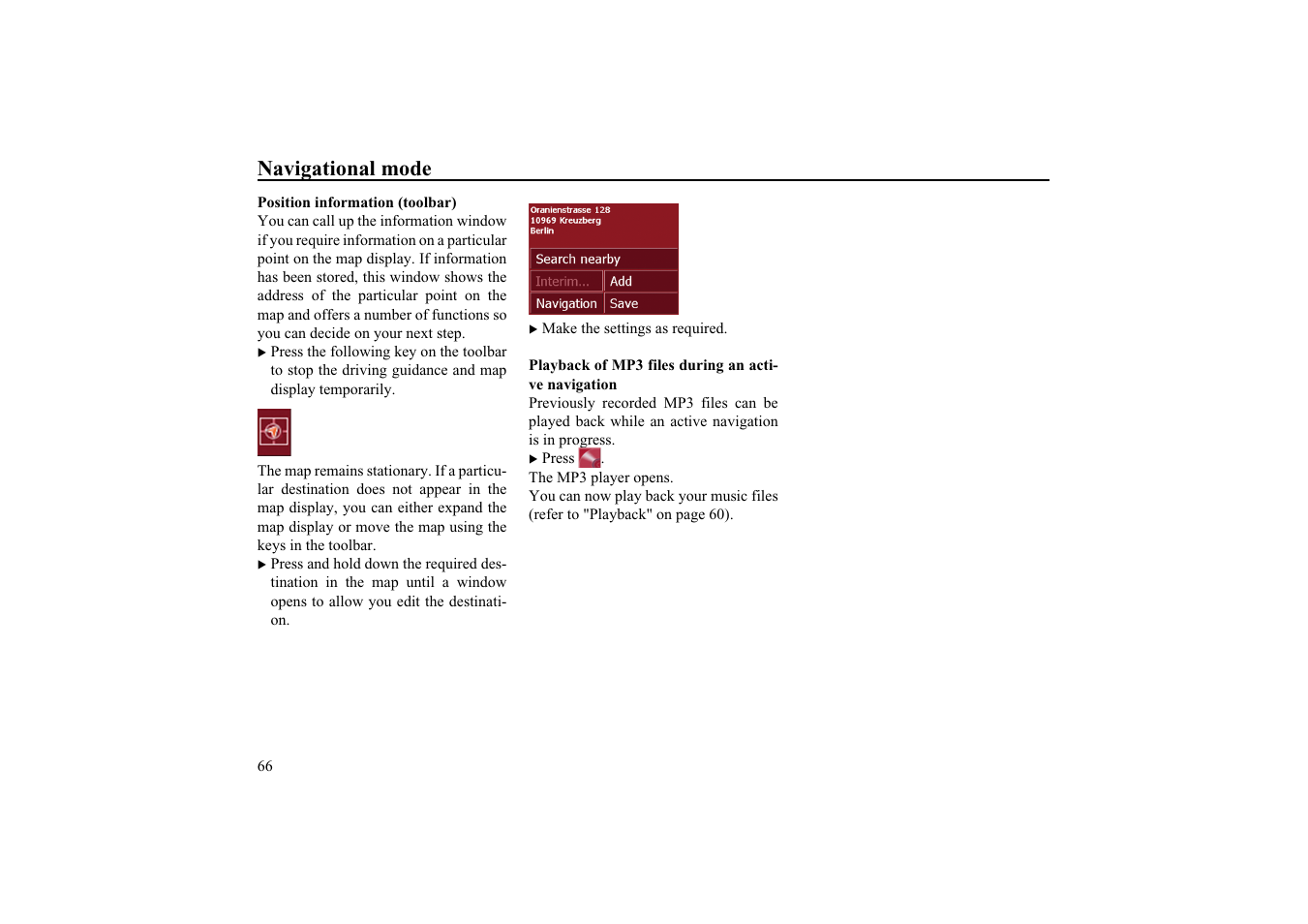 Position information (toolbar), Playback of mp3 files during an active navigation, Navigational mode | Becker EDITION TRAFFIC ASSIST PRO 7929 TMC User Manual | Page 66 / 84