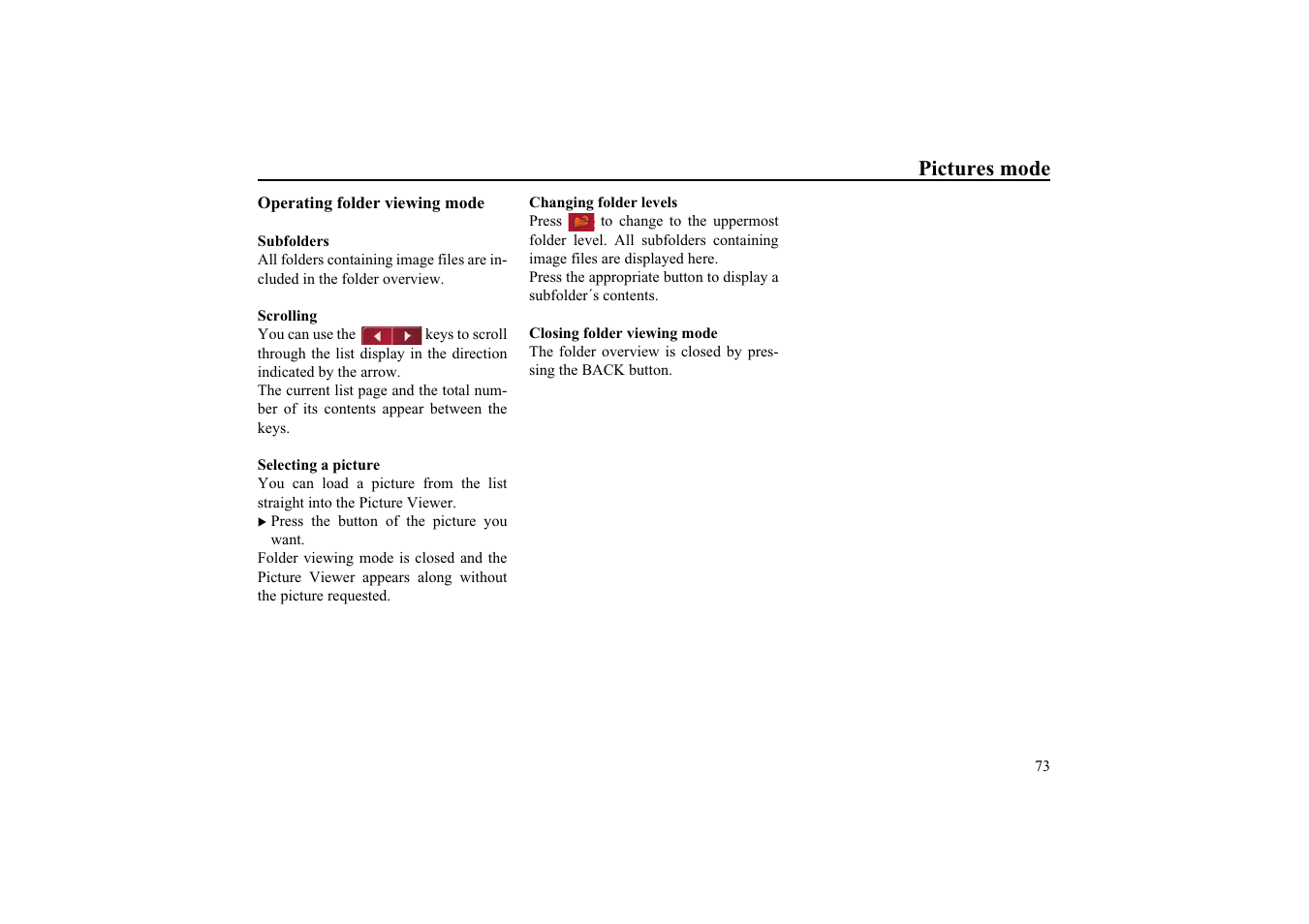 Operating folder viewing mode, Subfolders, Scrolling | Selecting a picture, Changing folder levels, Closing folder viewing mode, Pictures mode | Becker EDITION TRAFFIC ASSIST PRO 7929 TMC User Manual | Page 73 / 84