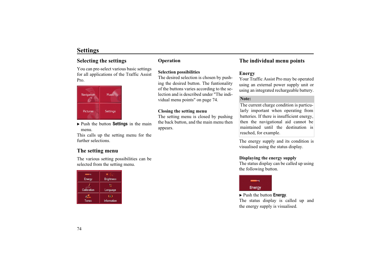 Settings, Selecting the settings, The setting menu | Operation, Selection possibilities, Closing the setting menu, The individual menu points, Energy, Displaying the energy supply | Becker EDITION TRAFFIC ASSIST PRO 7929 TMC User Manual | Page 74 / 84