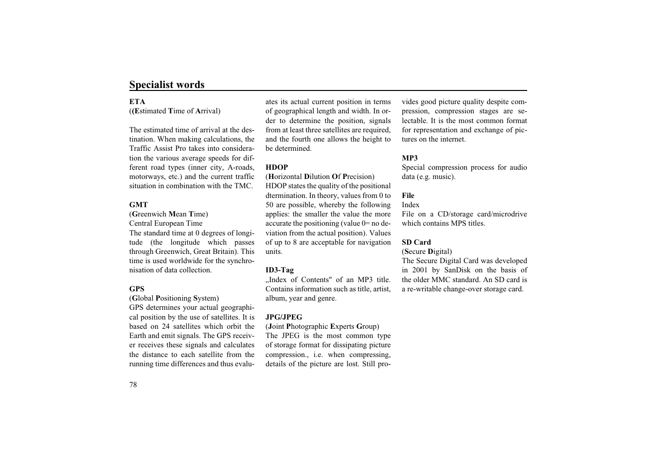 Specialist words | Becker EDITION TRAFFIC ASSIST PRO 7929 TMC User Manual | Page 78 / 84