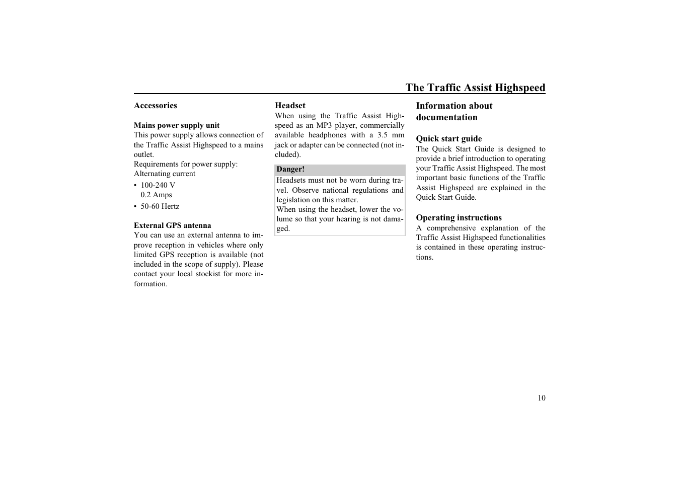 Accessories, Mains power supply unit, External gps antenna | Headset, Information about documentation, Quick start guide, Operating instructions | Becker TRAFFIC ASSIST HIGHSPEED 7934 User Manual | Page 11 / 85