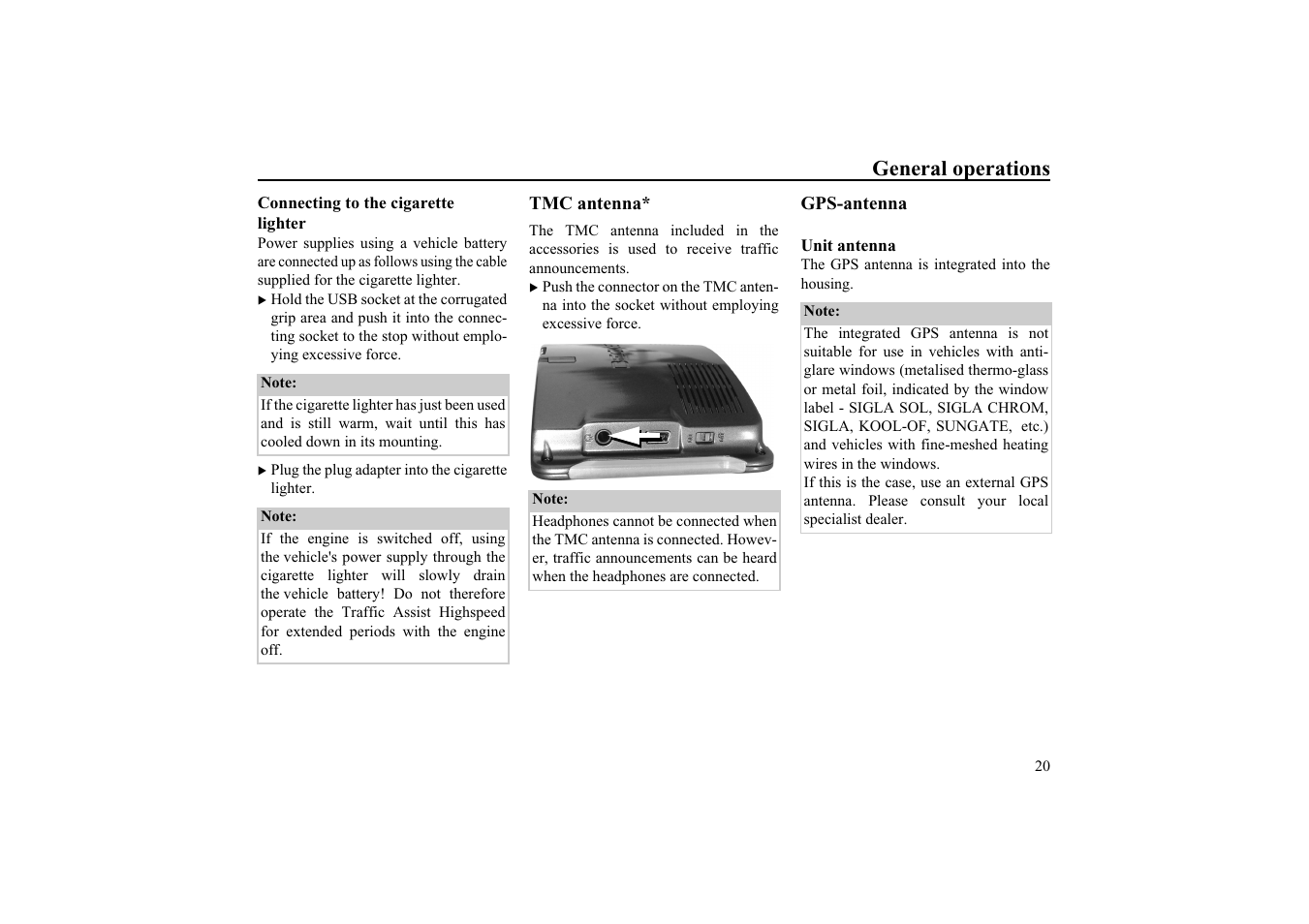 Connecting to the cigarette lighter, Tmc antenna, Gps-antenna | Unit antenna, General operations | Becker TRAFFIC ASSIST HIGHSPEED 7934 User Manual | Page 21 / 85