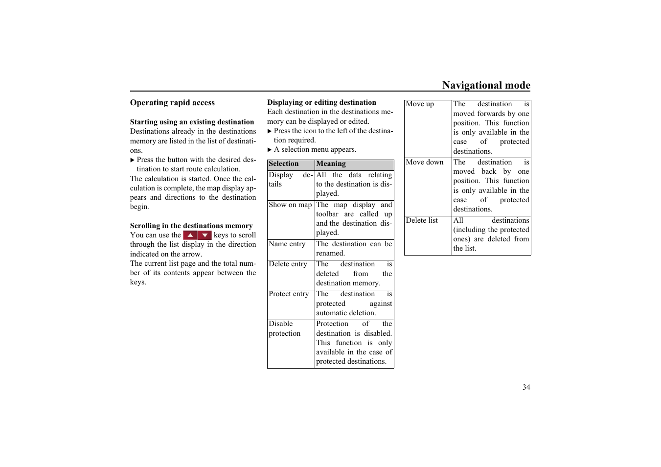 Operating rapid access, Starting using an existing destination, Scrolling in the destinations memory | Displaying or editing destination, Navigational mode | Becker TRAFFIC ASSIST HIGHSPEED 7934 User Manual | Page 35 / 85