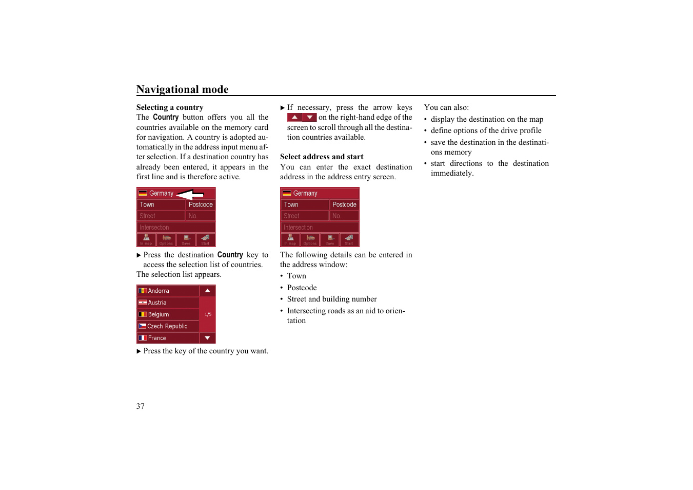 Selecting a country, Select address and start, Navigational mode | Becker TRAFFIC ASSIST HIGHSPEED 7934 User Manual | Page 38 / 85