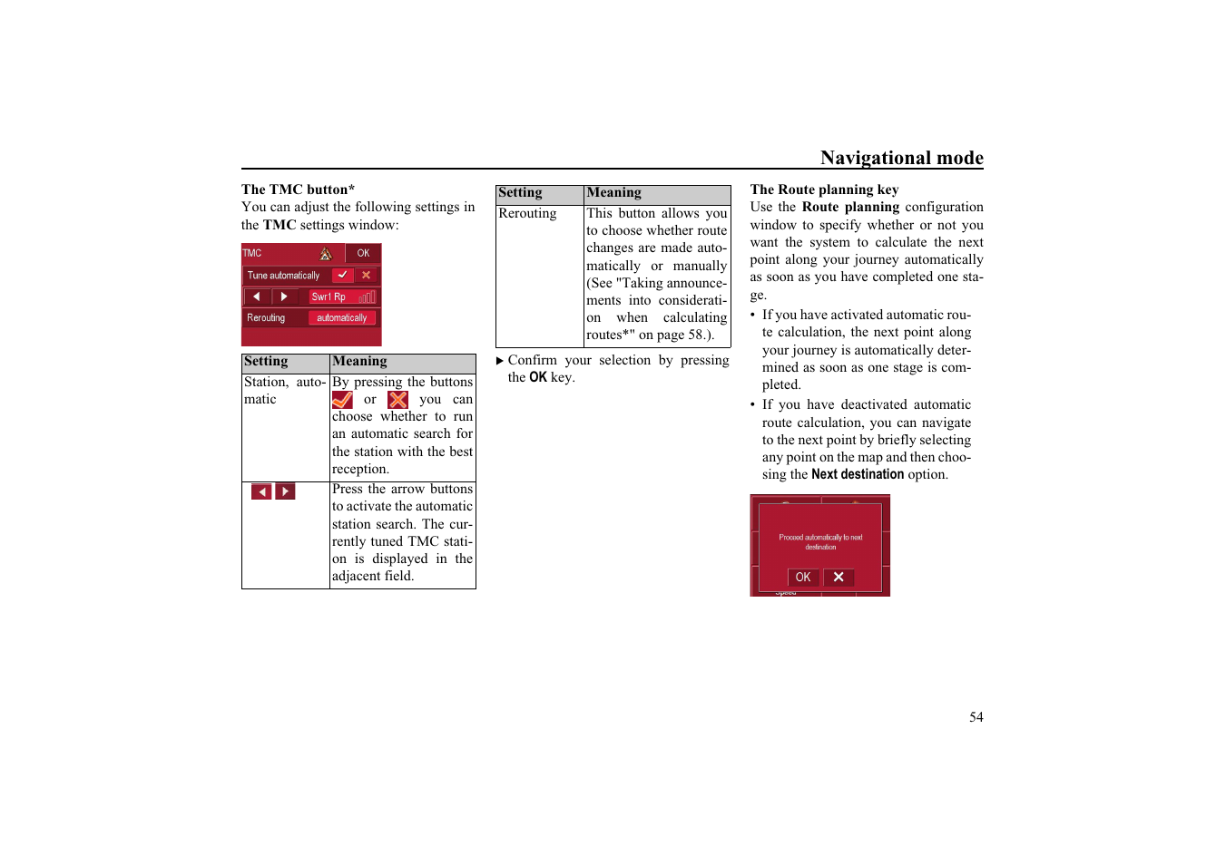 The tmc button, The route planning key, Navigational mode | Becker TRAFFIC ASSIST HIGHSPEED 7934 User Manual | Page 55 / 85