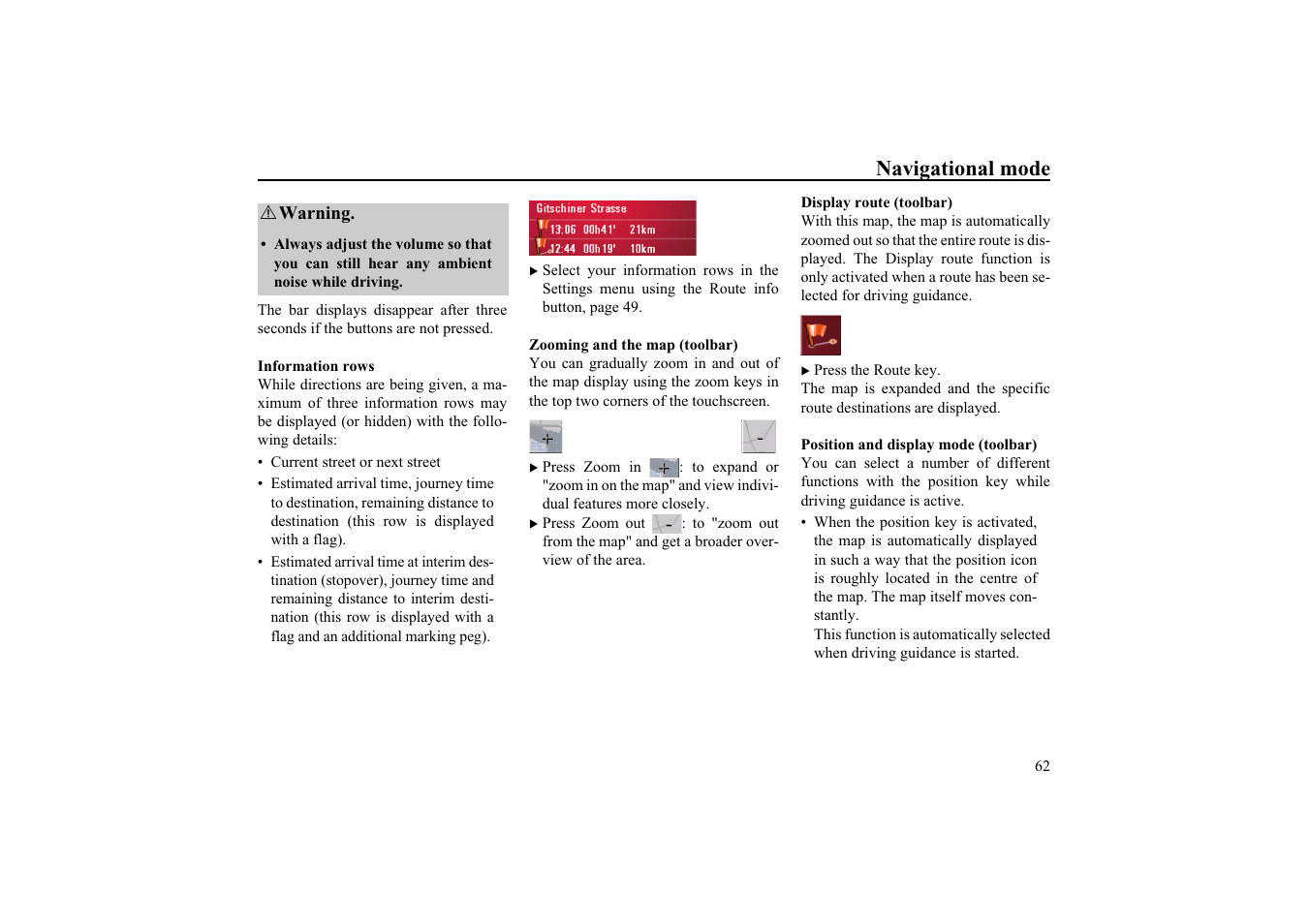 Information rows, Zooming and the map (toolbar), Display route (toolbar) | Position and display mode (toolbar), Navigational mode | Becker TRAFFIC ASSIST HIGHSPEED 7934 User Manual | Page 63 / 85