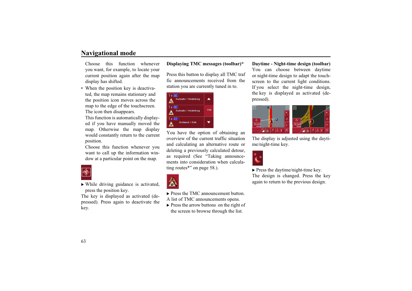 Displaying tmc messages (toolbar), Daytime - night-time design (toolbar), Navigational mode | Becker TRAFFIC ASSIST HIGHSPEED 7934 User Manual | Page 64 / 85
