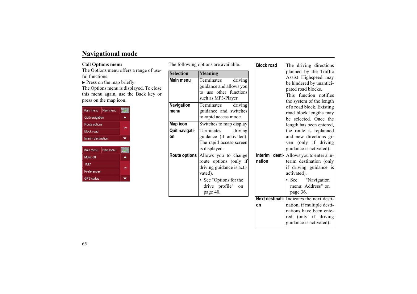 Call options menu, Navigational mode | Becker TRAFFIC ASSIST HIGHSPEED 7934 User Manual | Page 66 / 85