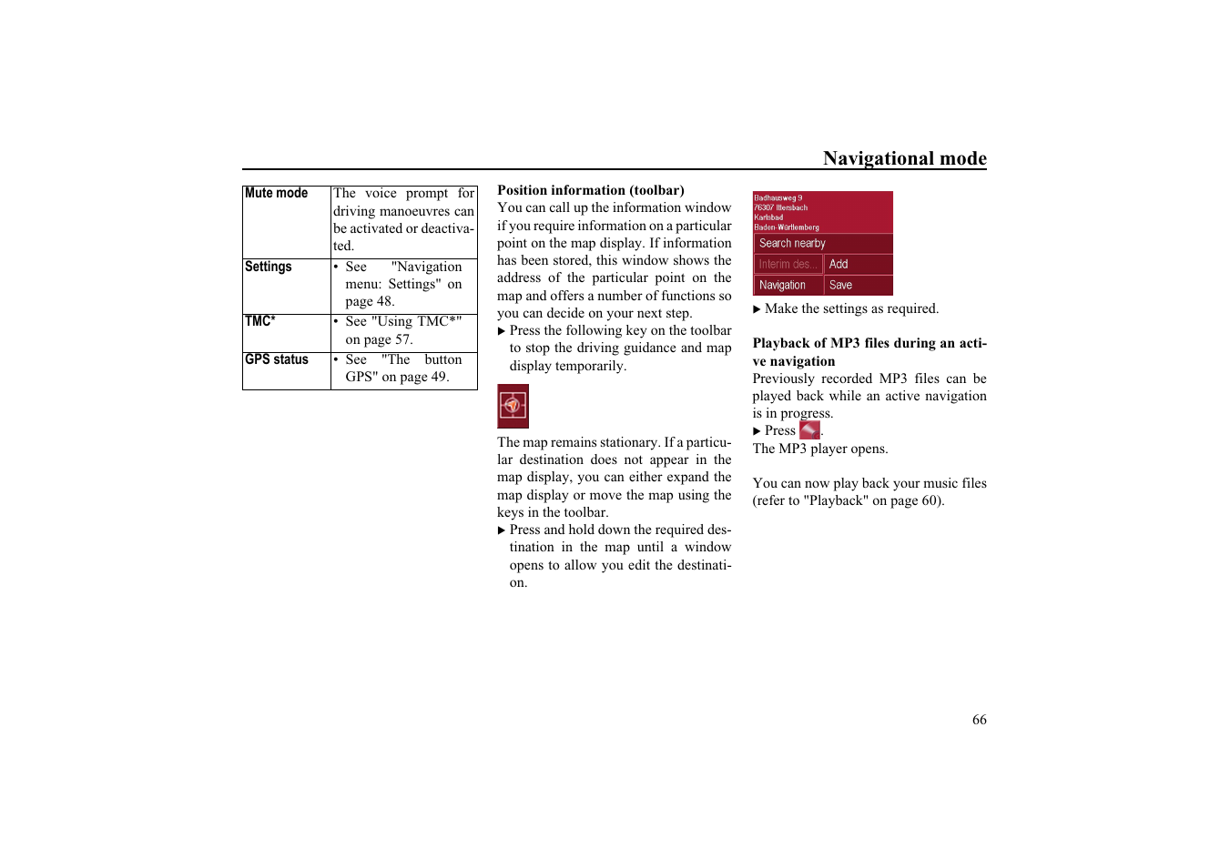 Position information (toolbar), Playback of mp3 files during an active navigation, Navigational mode | Becker TRAFFIC ASSIST HIGHSPEED 7934 User Manual | Page 67 / 85