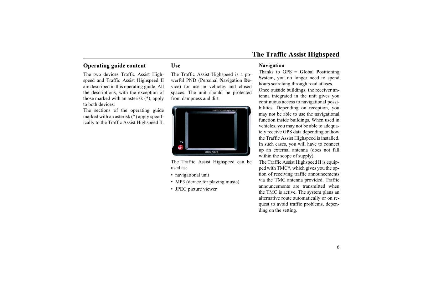 The traffic assist highspeed, Operating guide content, Navigation | Becker TRAFFIC ASSIST HIGHSPEED 7934 User Manual | Page 7 / 85