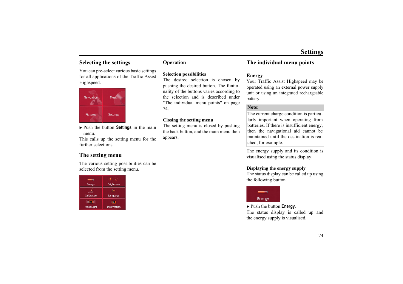 Settings, Selecting the settings, The setting menu | Operation, Selection possibilities, Closing the setting menu, The individual menu points, Energy, Displaying the energy supply | Becker TRAFFIC ASSIST HIGHSPEED 7934 User Manual | Page 75 / 85