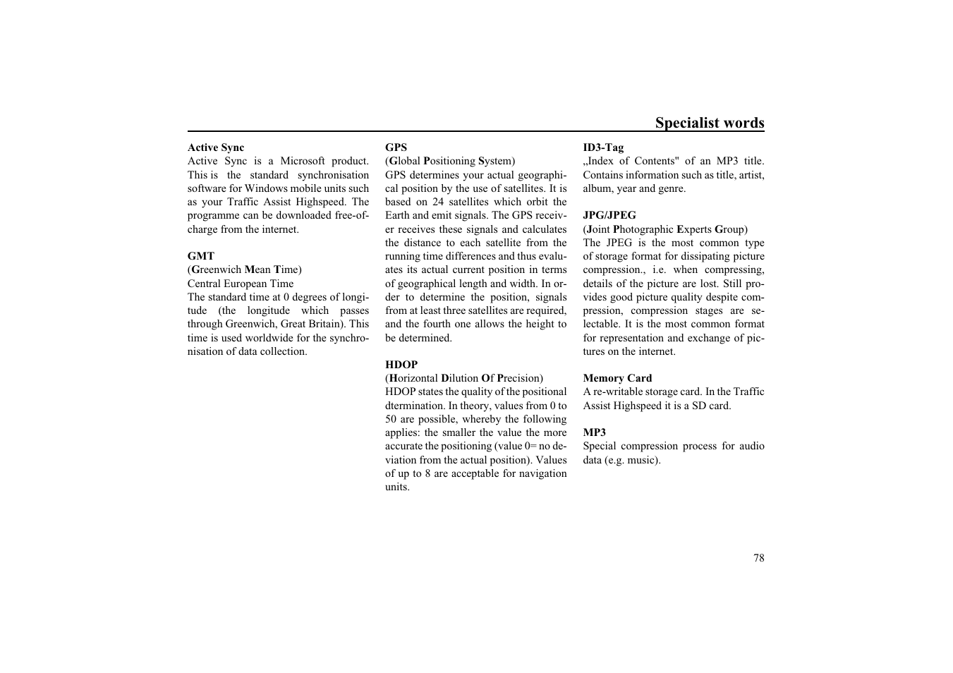 Specialist words | Becker TRAFFIC ASSIST HIGHSPEED 7934 User Manual | Page 79 / 85