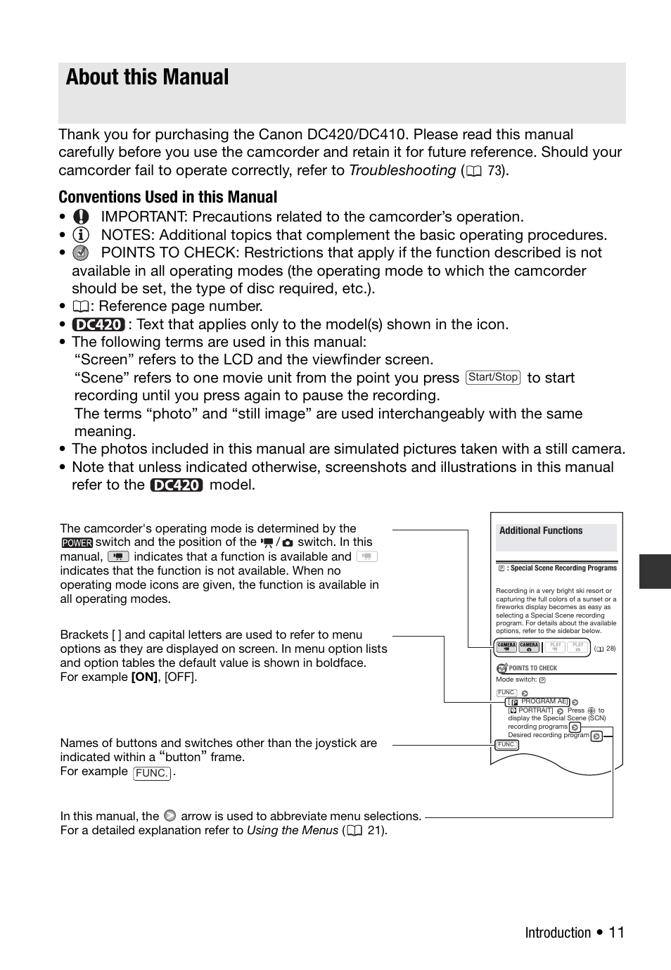 About this manual, Conventions used in this manual, Introduction | Canon DC 410 User Manual | Page 11 / 98