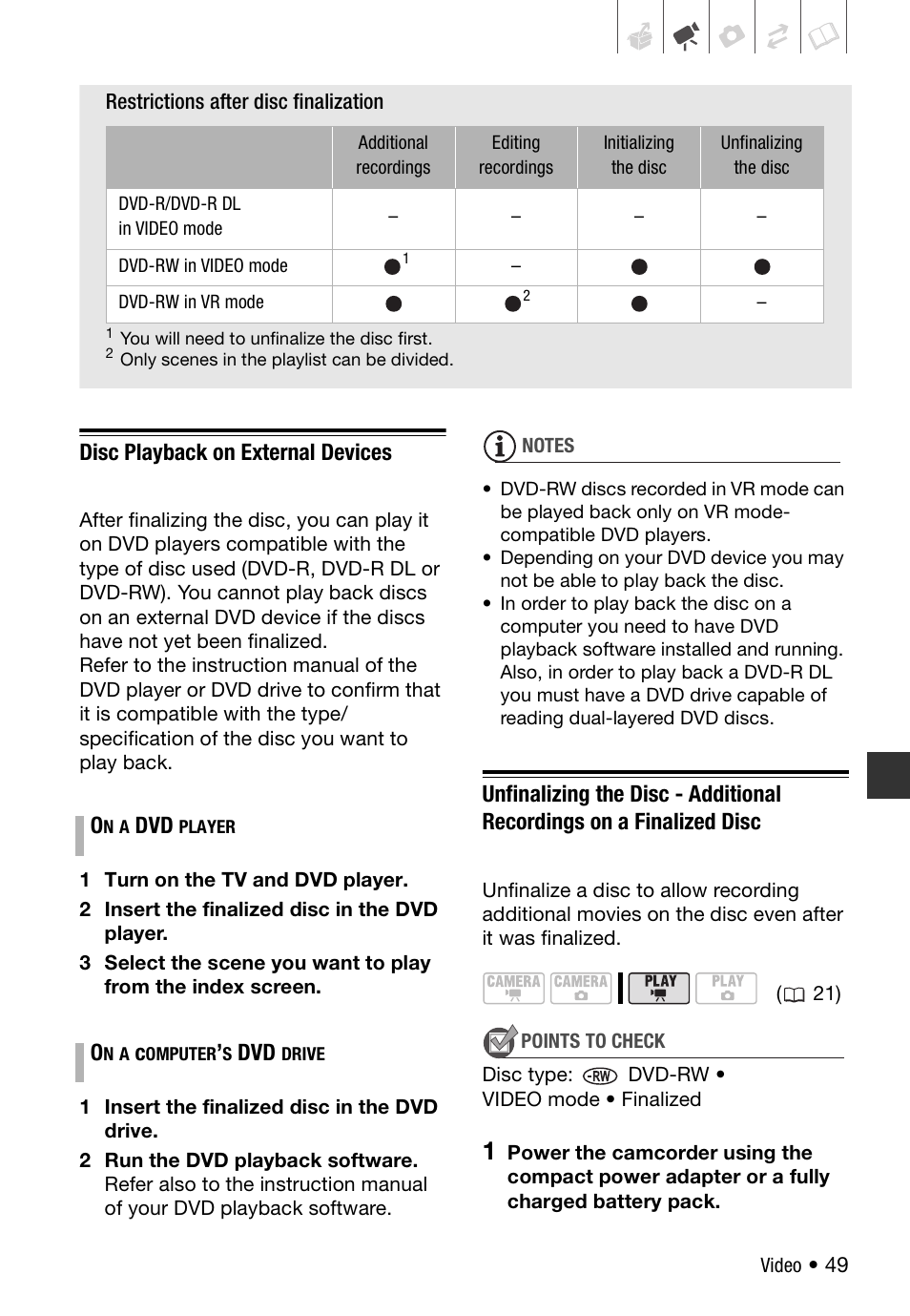 Disc playback on external devices | Canon DC 410 User Manual | Page 49 / 98