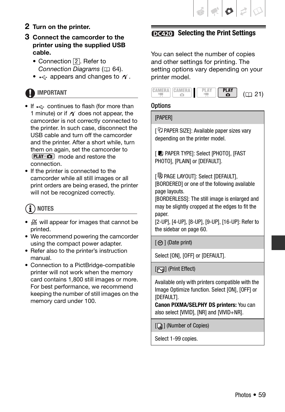 Selecting the print settings | Canon DC 410 User Manual | Page 59 / 98