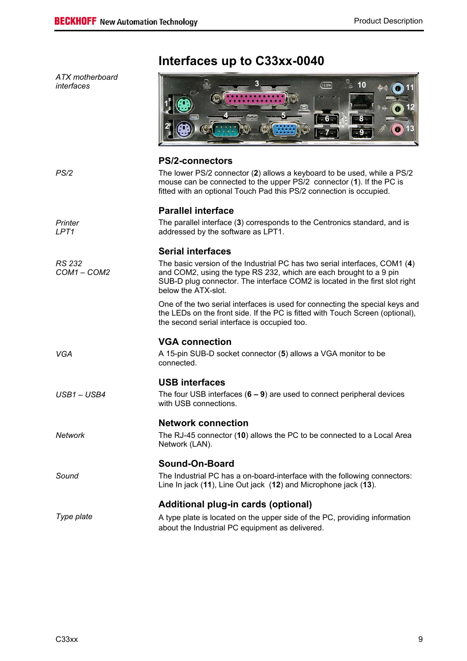 Interfaces up to c33xx-0040, Ps/2-connectors, Parallel interface | Serial interfaces, Vga connection, Usb interfaces, Network connection, Sound-on-board, Additional plug-in cards (optional), Ps/2-connectors 9 | BECKHOFF C33xx User Manual | Page 11 / 29