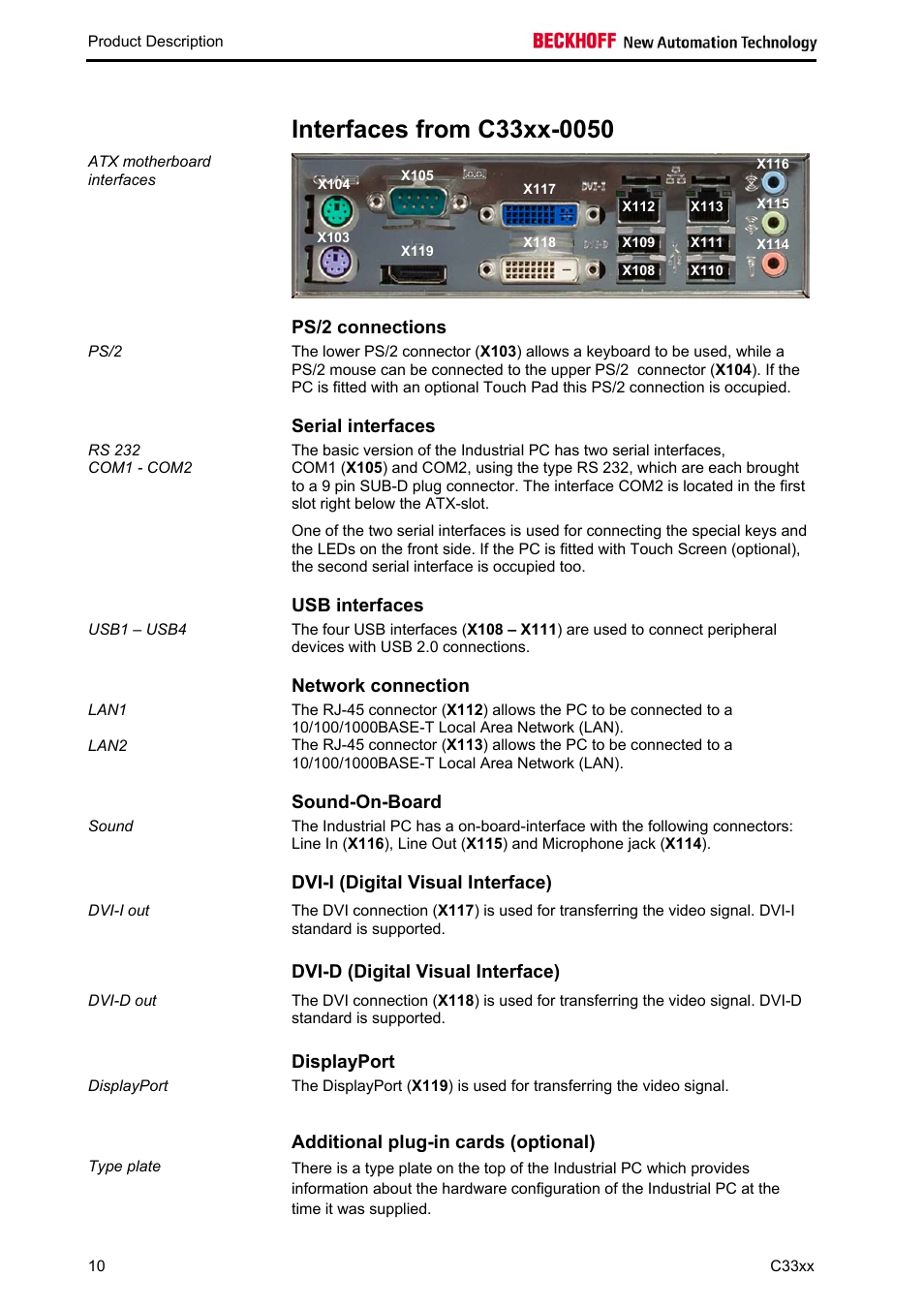Interfaces from c33xx-0050, Ps/2 connections, Serial interfaces | Usb interfaces, Network connection, Sound-on-board, Dvi-i (digital visual interface), Dvi-d (digital visual interface), Displayport, Additional plug-in cards (optional) | BECKHOFF C33xx User Manual | Page 12 / 29