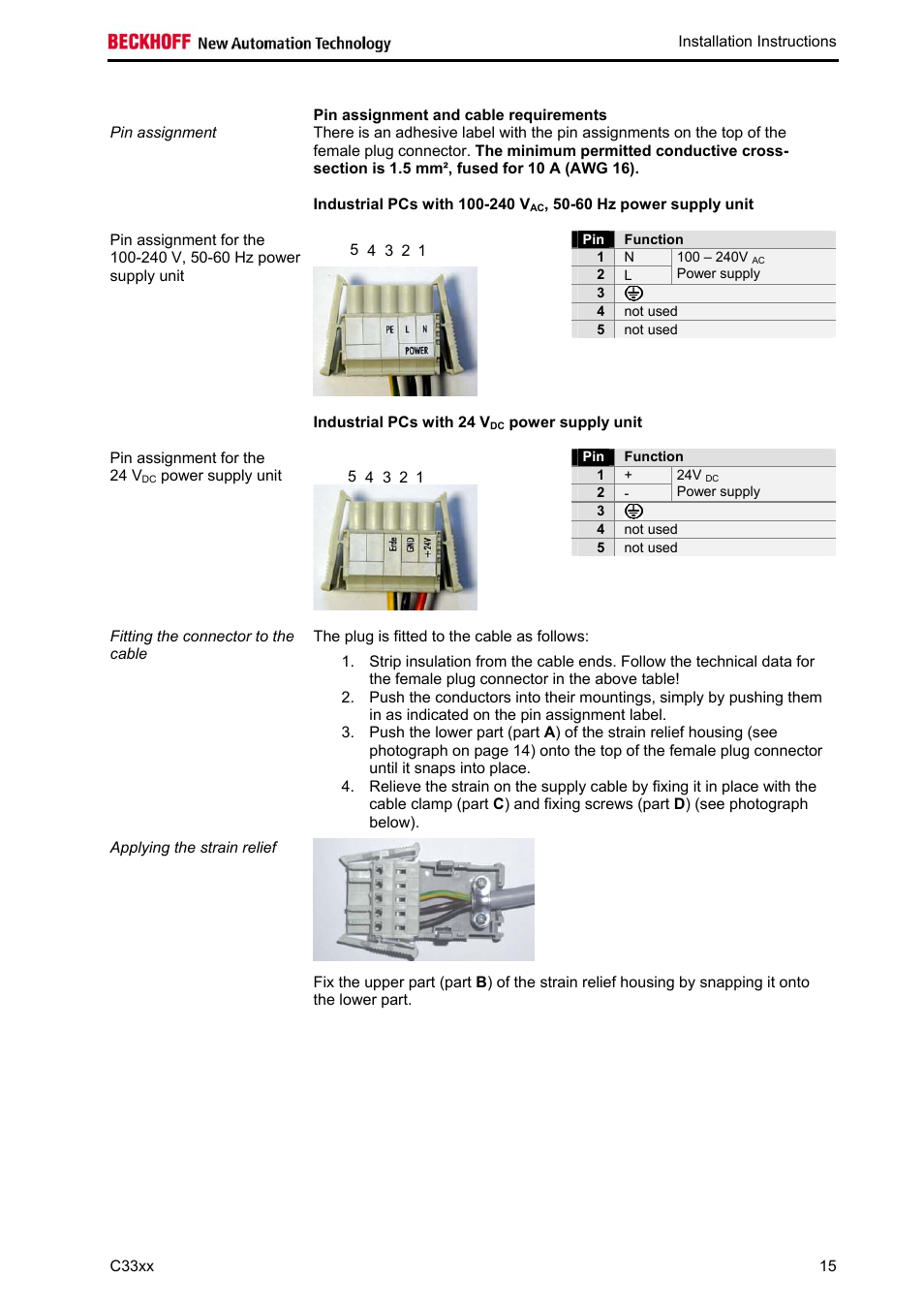 Pin assignment and cable requirements, Industrial pcs with 100-240 vac, 50-60 hz power, Industrial pcs with 24 vdc power supply unit | BECKHOFF C33xx User Manual | Page 17 / 29