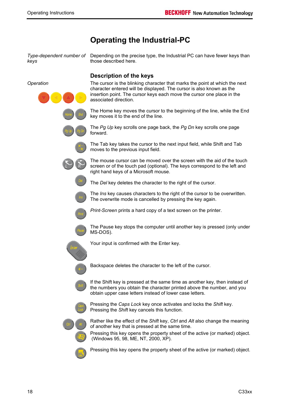 Operating the industrial-pc, Description of the keys | BECKHOFF C33xx User Manual | Page 20 / 29