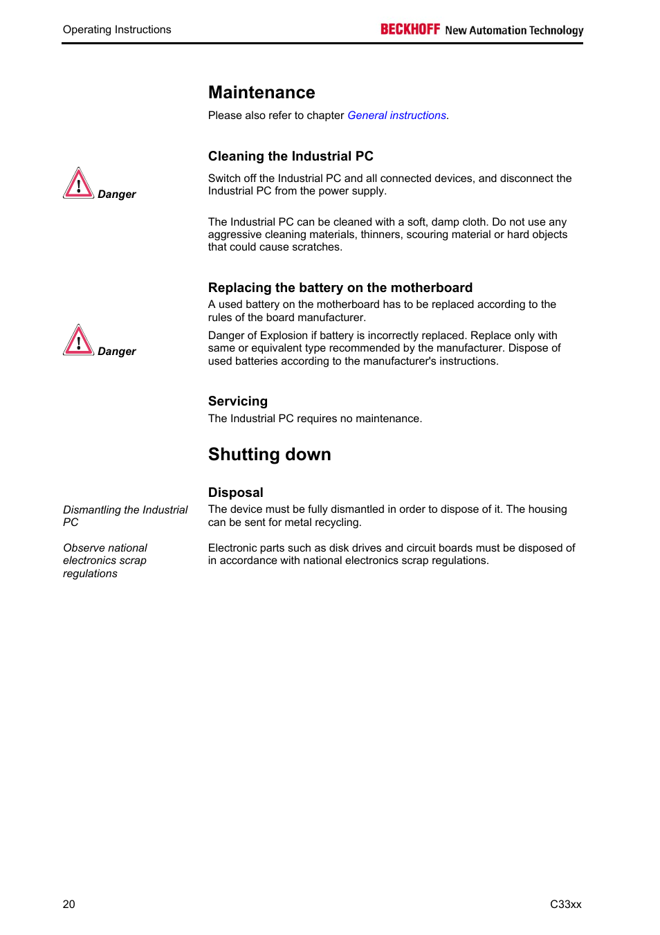 Maintenance, Cleaning the industrial pc, Replacing the battery on the motherboard | Servicing, Shutting down, Disposal, Maintenance 20 | BECKHOFF C33xx User Manual | Page 22 / 29