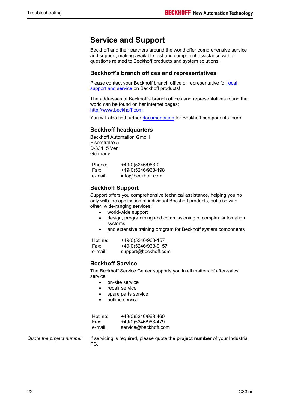 Service and support, Beckhoff's branch offices and representatives, Beckhoff headquarters | Beckhoff support, Beckhoff service | BECKHOFF C33xx User Manual | Page 24 / 29