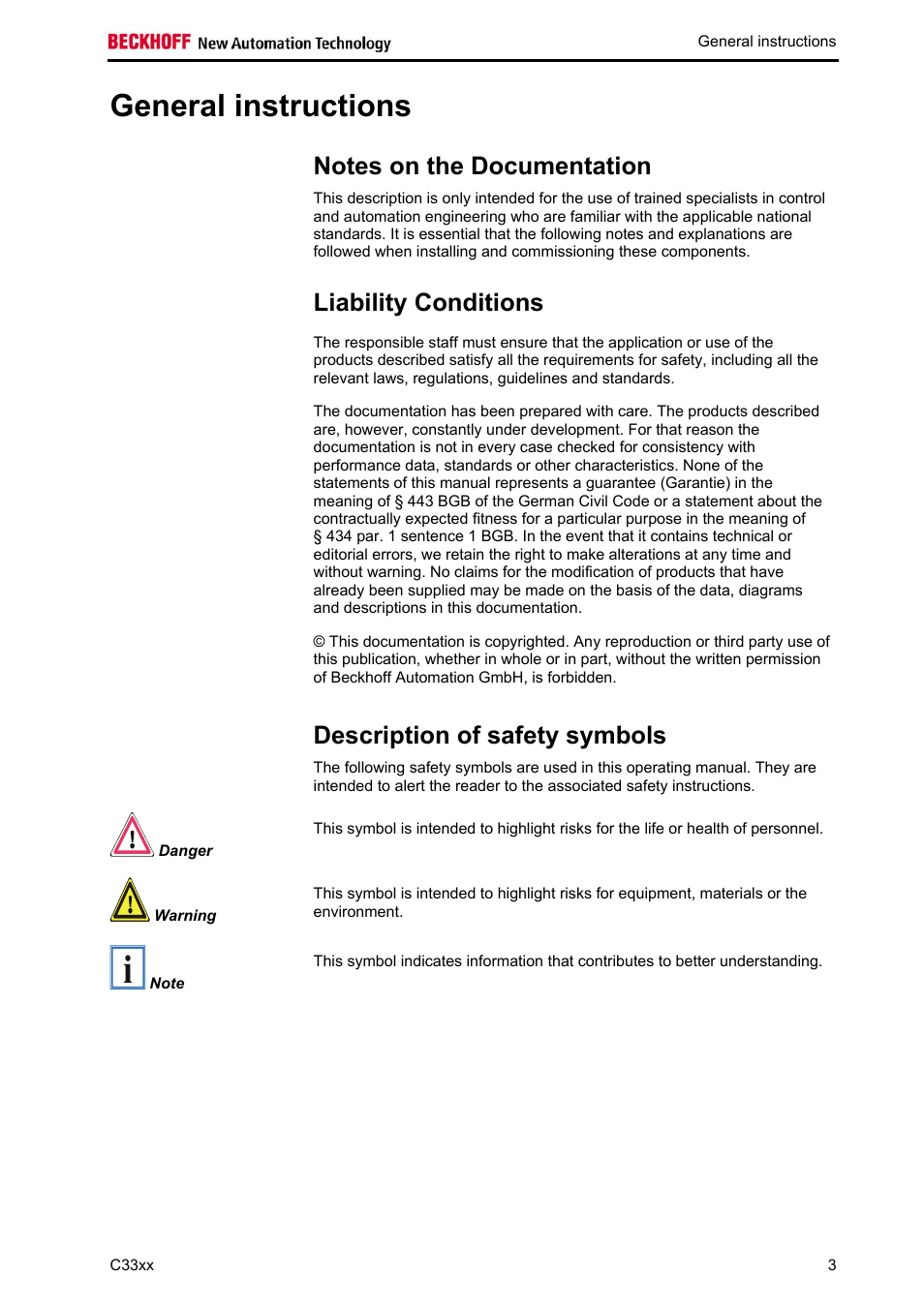 General instructions, Notes on the documentation, Liability conditions | Description of safety symbols | BECKHOFF C33xx User Manual | Page 5 / 29